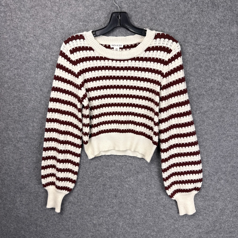 Faith & Zoe Striped Sweater Medium Burgundy Cream Cropped Knit Long Sleeve